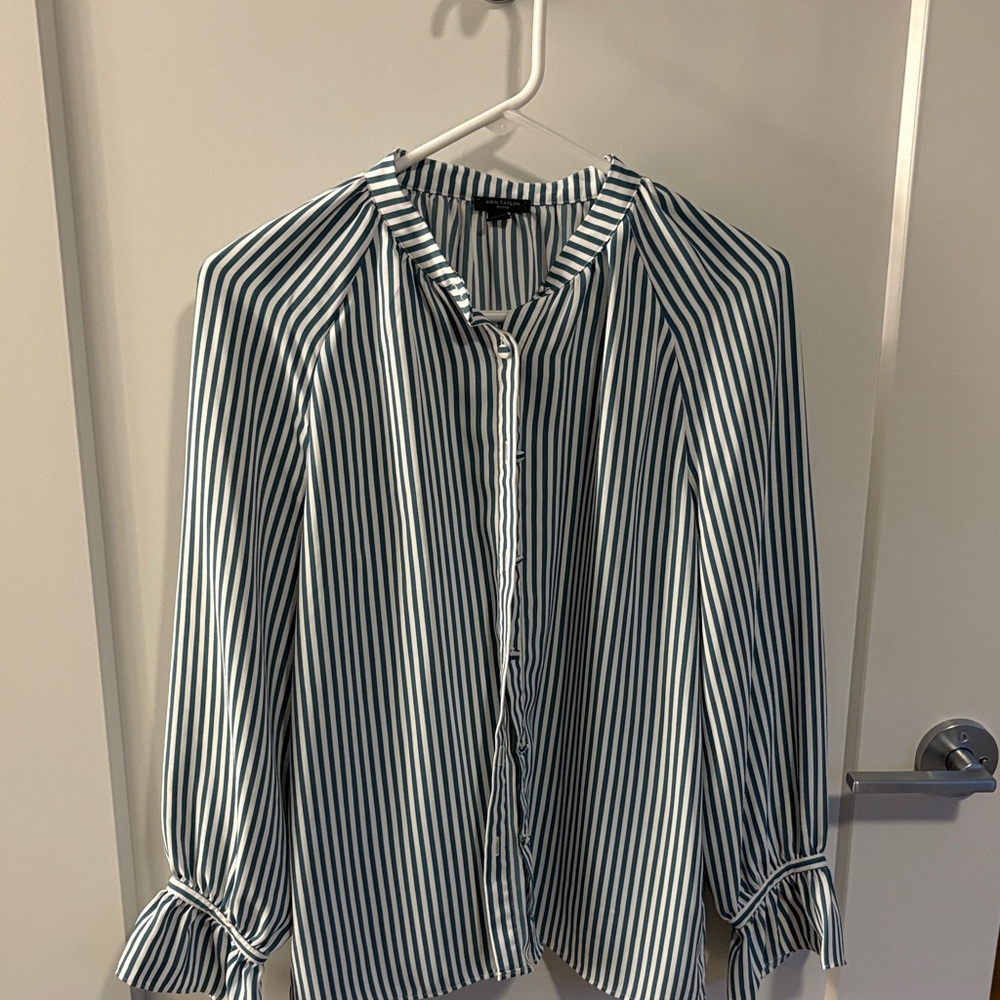 Ann Taylor Teal and White Striped Blouse